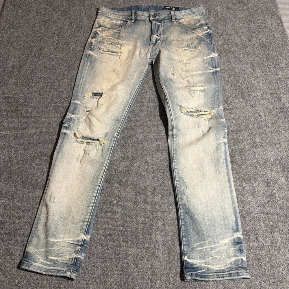 Smoke Rise Distressed Denim Jeans Mens 34x32 Blue Light Wash Straight Stretch